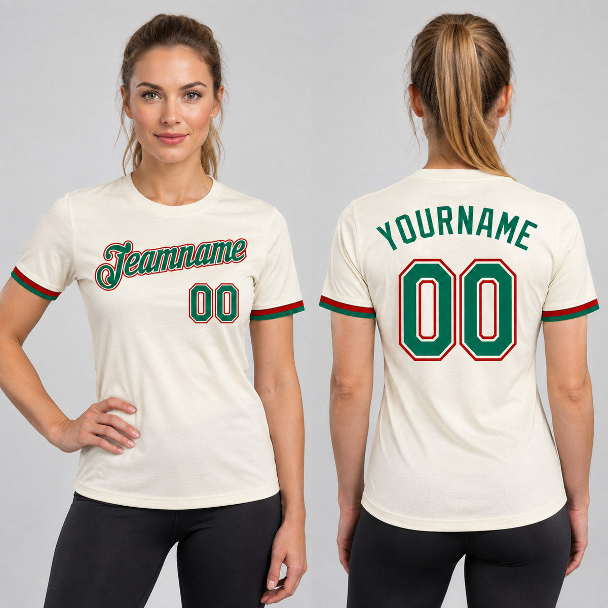 Custom Cream Performance T-Shirt with Kelly Green and Red Lettering worn by female model
