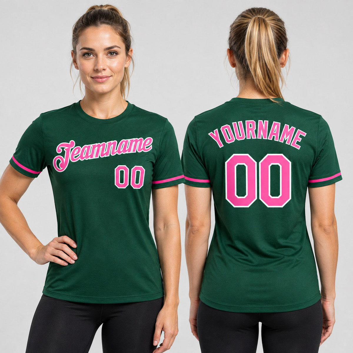 Custom Green Performance T-Shirt with Pink and White Lettering worn by female model