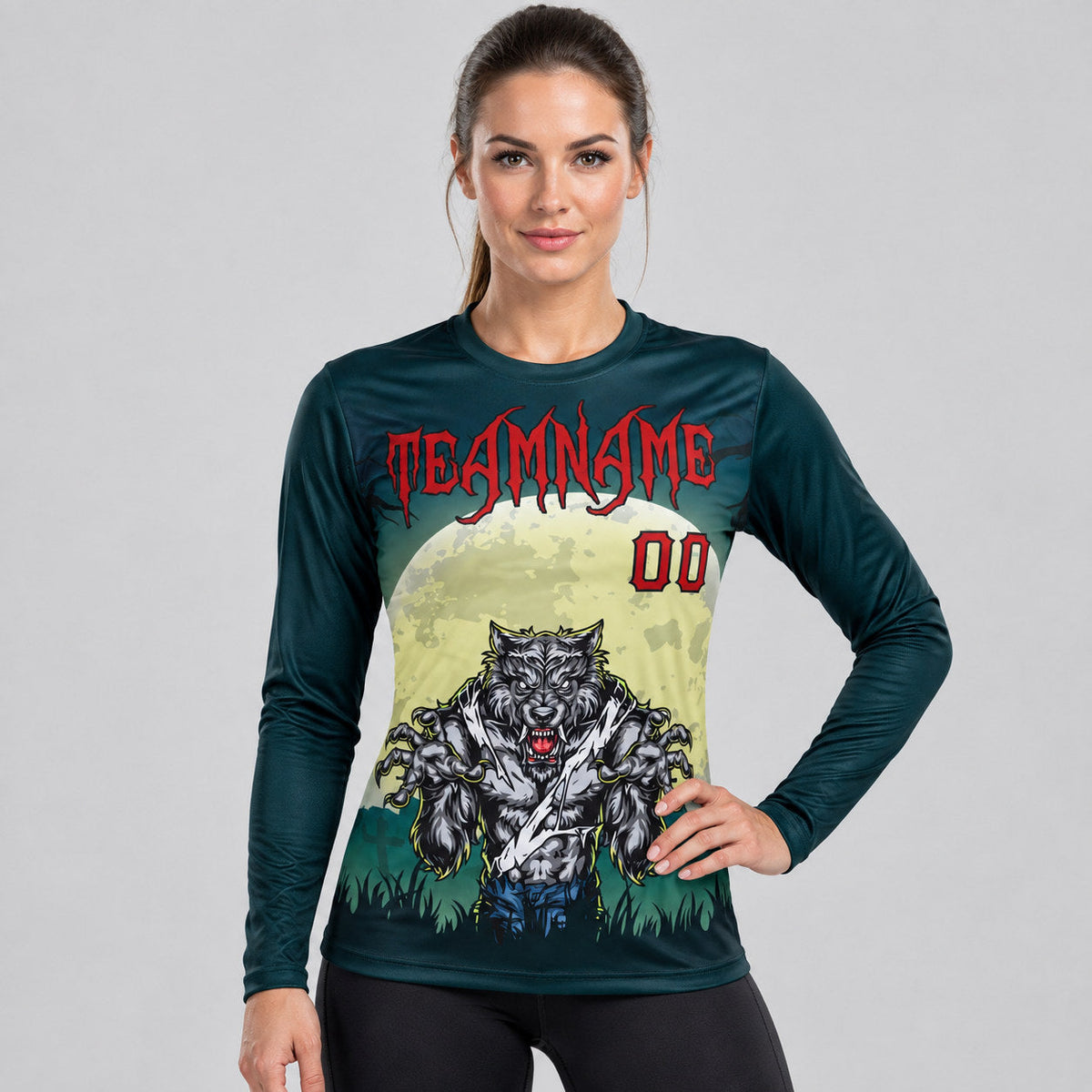 Custom Halloween Trick Treat Horror Night Long Sleeve Performance T-Shirt Design 0055 worn by female model