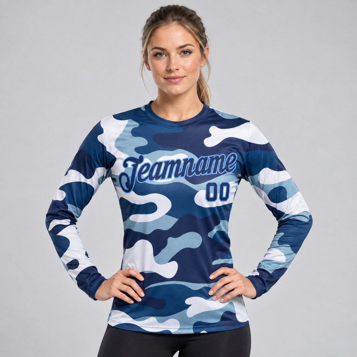 Custom Navy and Light Blue Camo Salute To Service Long Sleeve Performance T-Shirt worn by female model