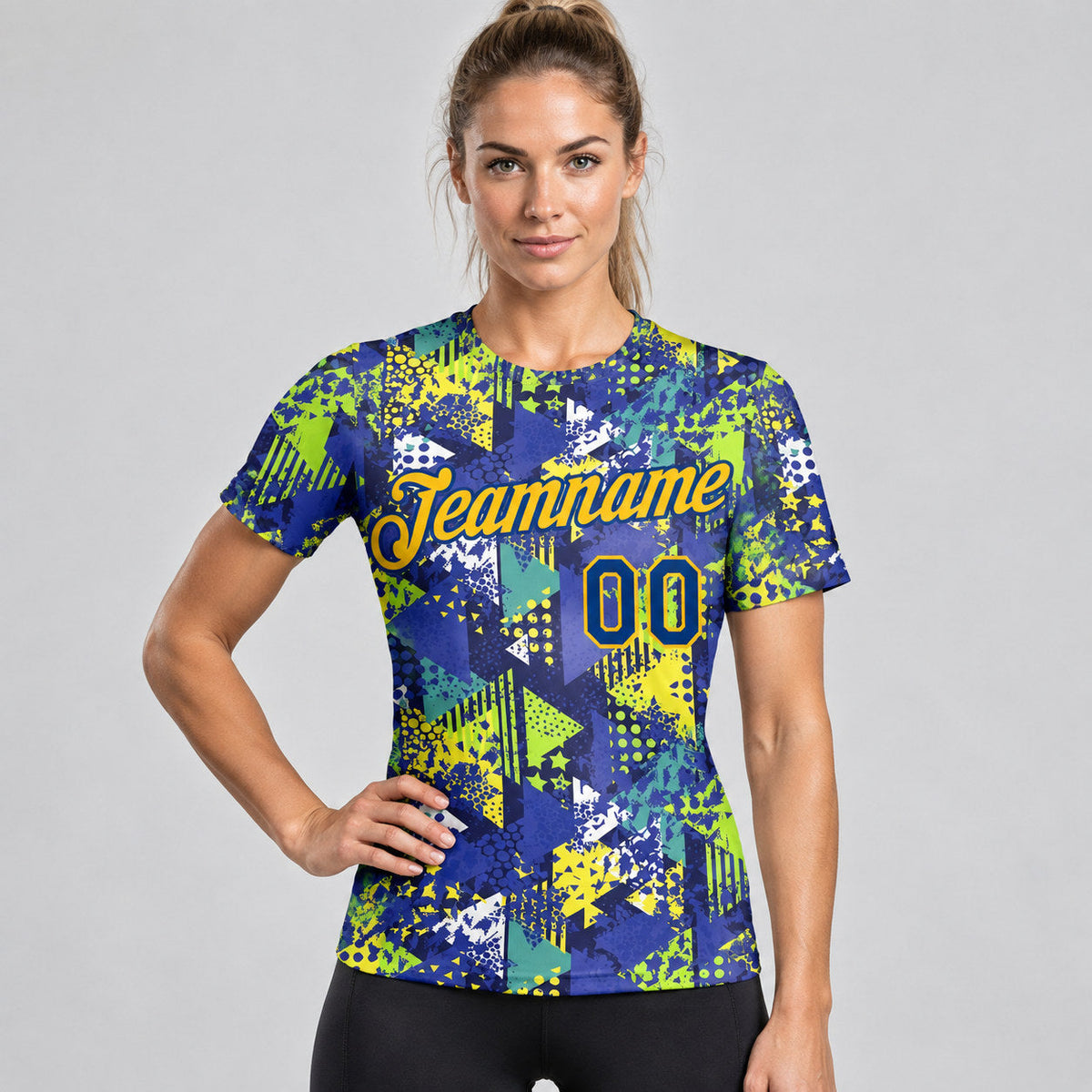 Custom Royal and Gold Graffiti Creative Geometric Figures Triangle Performance T-Shirt worn by female model