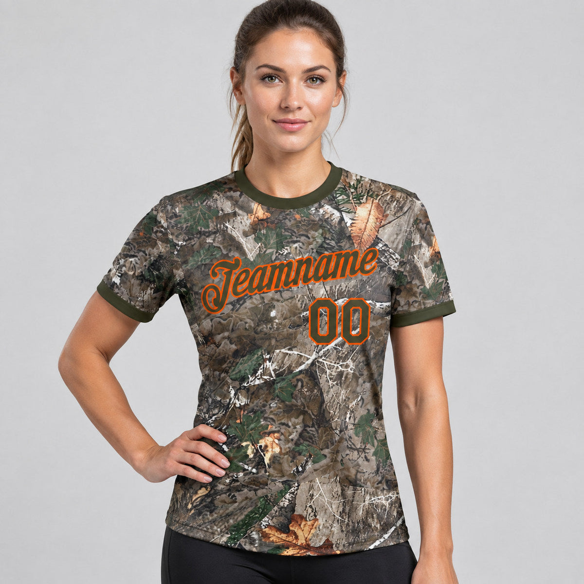 Custom Olive and Orange Camo Woodland Camouflage Salute Performance T-Shirt worn by female model