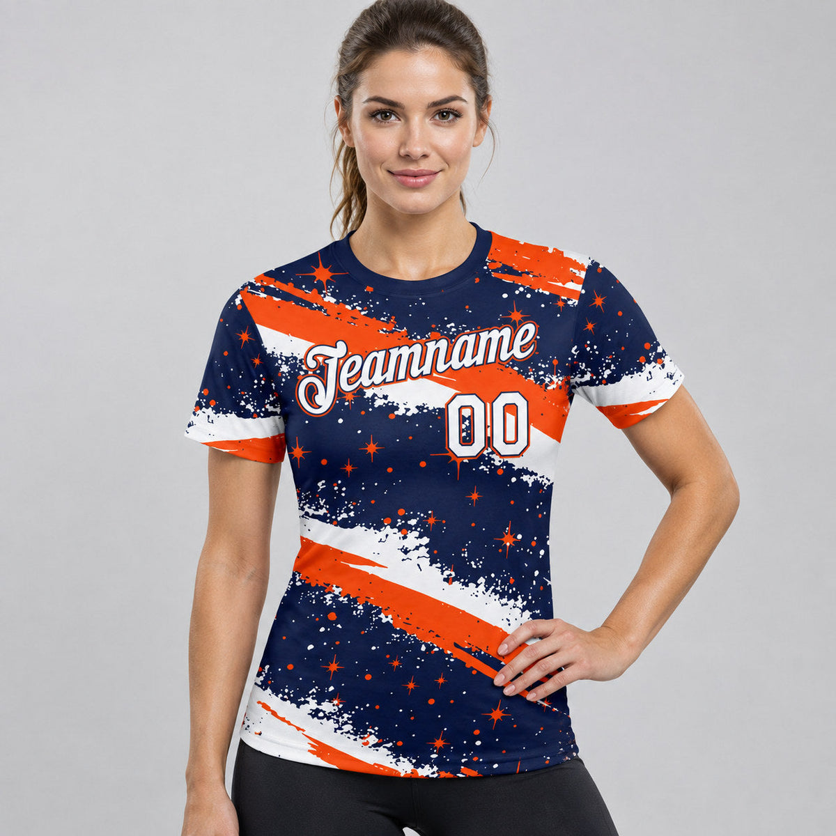 Custom Navy Brush Stroke Splatter Starburst Performance T-Shirt with White and Orange Lettering worn by female model