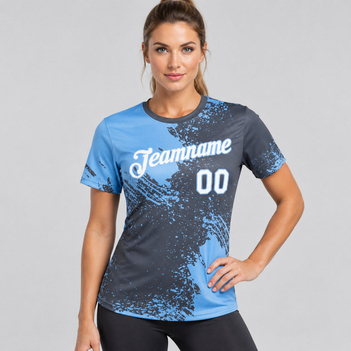 Custom Steel Gray Abstract Brush Stroke Performance T-Shirt with White and Light Blue Lettering worn by female model