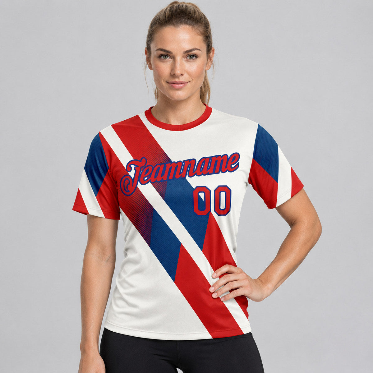 Custom Cream Canada America Performance T-Shirt with Fire Red and Royal Lettering worn by female model