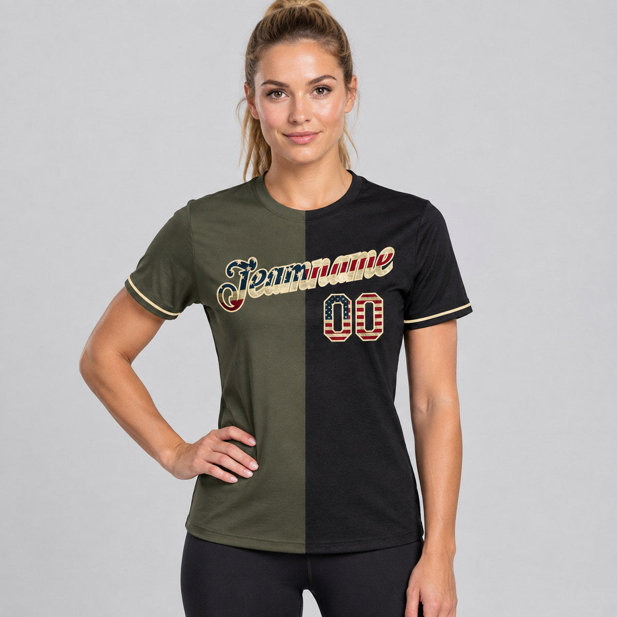 Custom Black Vintage USA Flag Split Performance T-Shirt with Olive and Cream Lettering worn by female model