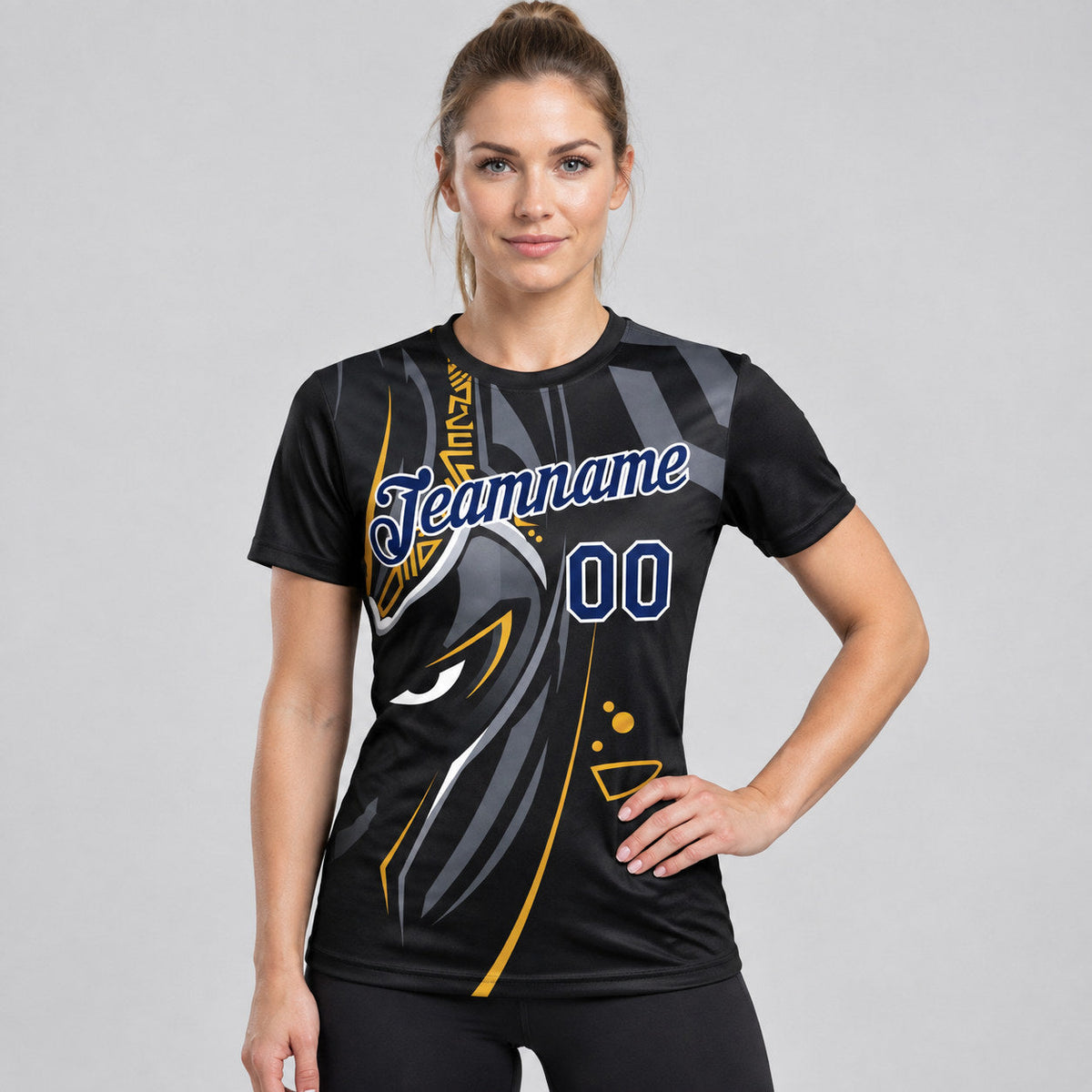 Custom Black Esports T-Shirt with Navy and White Lettering worn by female model