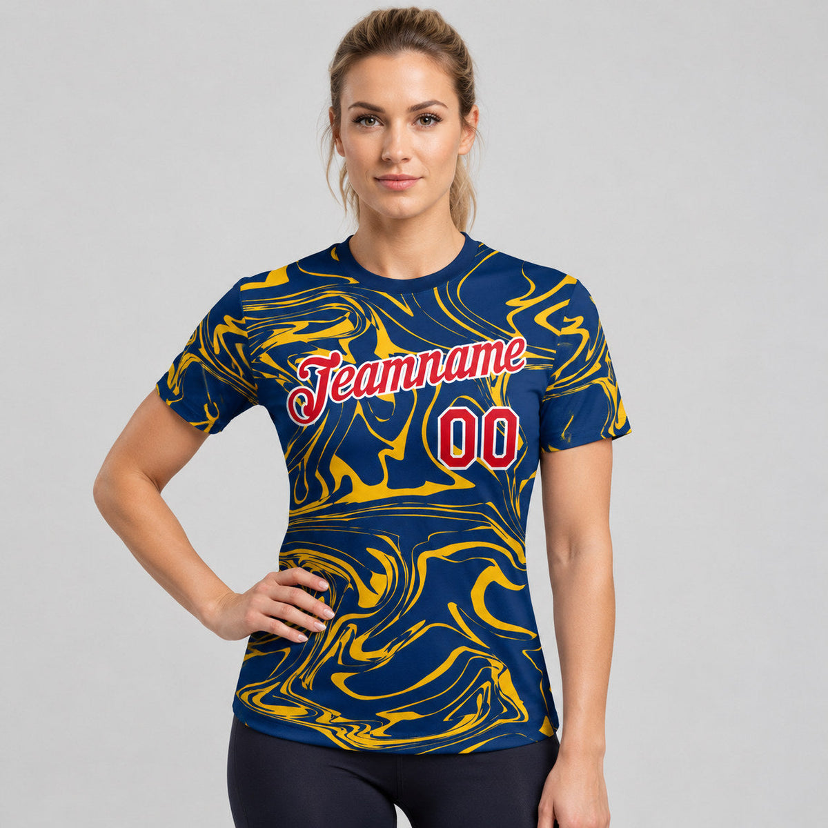 Custom US Navy Blue Esports T-Shirt with Red and Yellow Lettering worn by female model