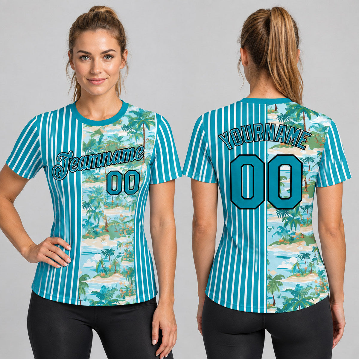 Custom Teal Tropical Hawaii Beach And Palm Performance T-Shirt with Black and White Lettering worn by female model