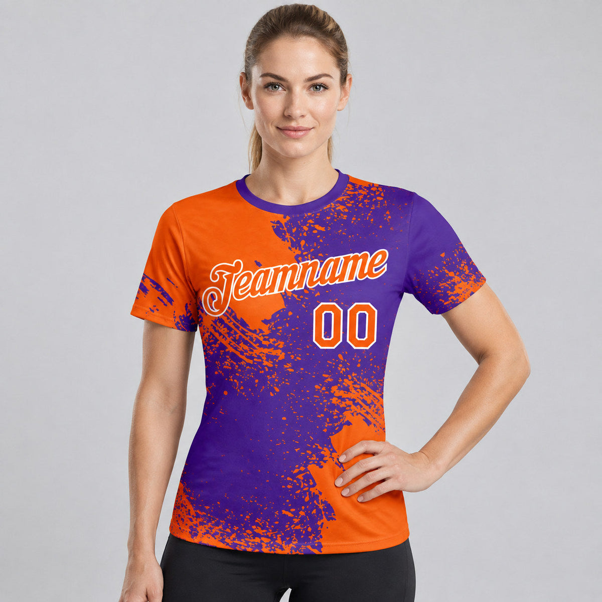 Custom Orange Abstract Brush Stroke Performance T-Shirt with Purple and White Lettering worn by female model