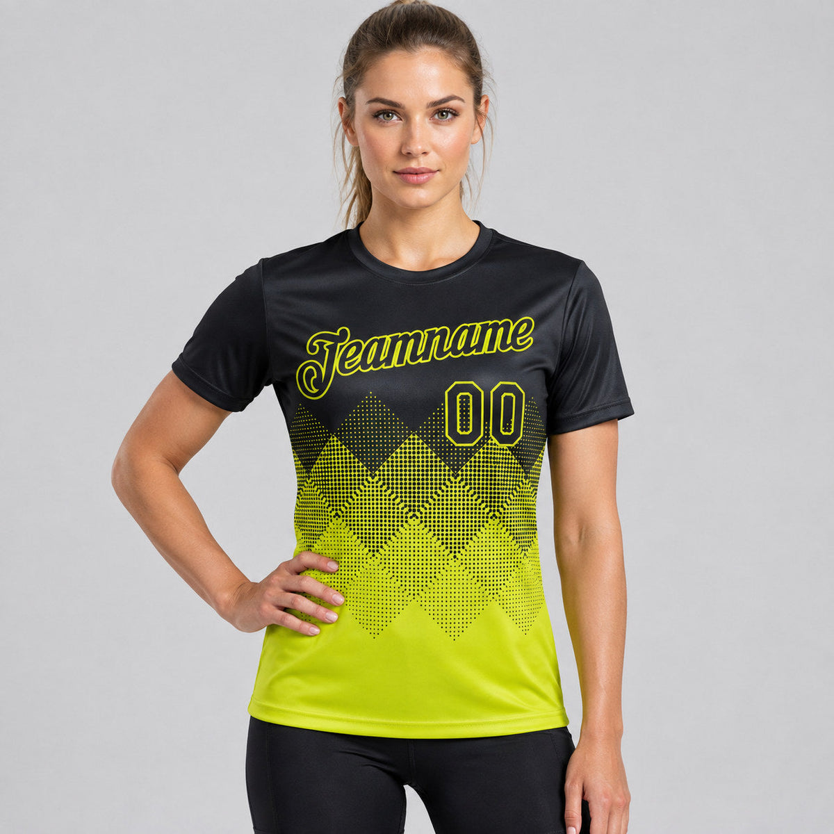 Custom Black Gradient Square Shapes Performance T-Shirt with Neon Yellow Lettering worn by female model