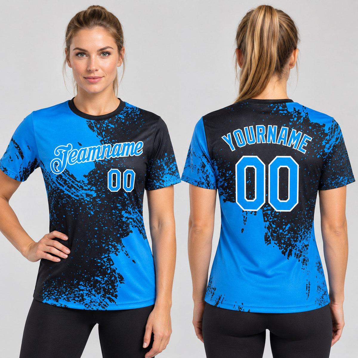Custom Powder Blue Abstract Brush Stroke Performance T-Shirt with Black and White Lettering worn by female model