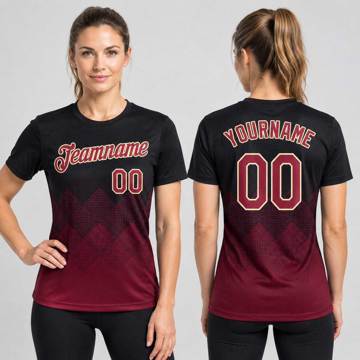 Custom Black Gradient Square Shapes Performance T-Shirt with Crimson and City Cream Lettering worn by female model