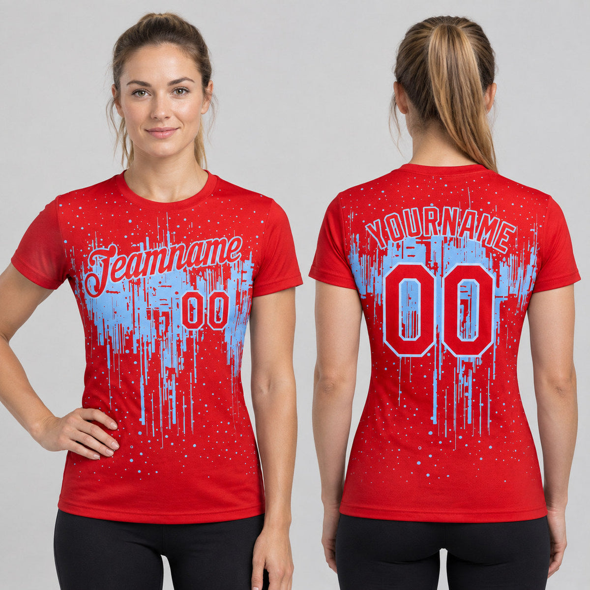 Custom Red Dripping Splatter Art Performance T-Shirt with Light Blue Lettering Design 4030 worn by female model