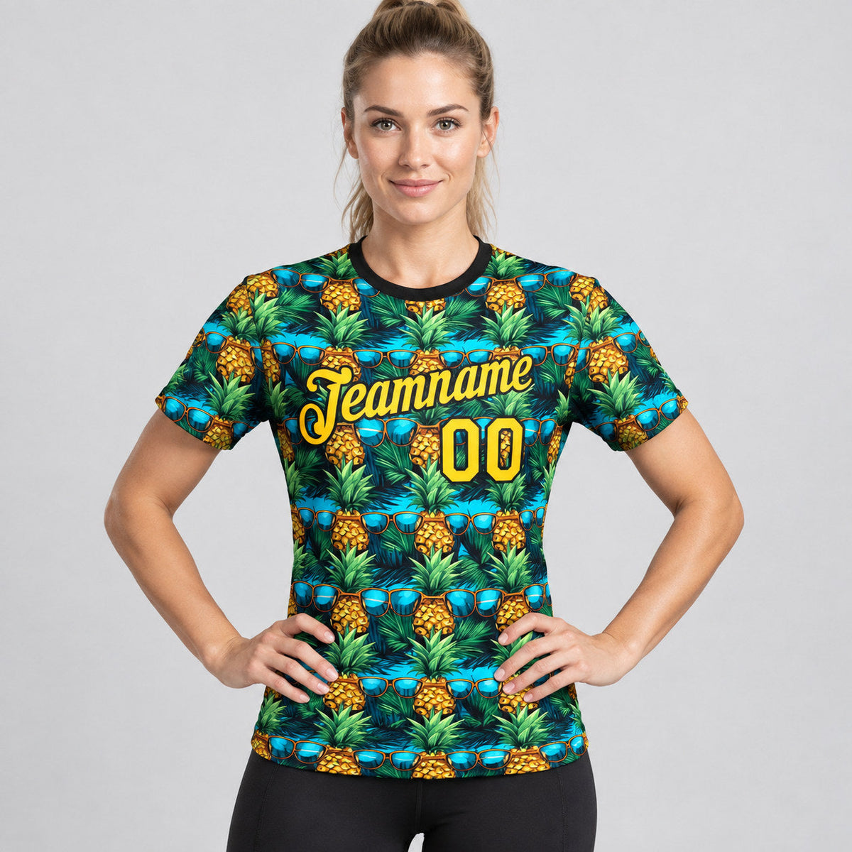 Custom Black Tropical Pineapple Performance T-Shirt with Yellow Lettering worn by female model