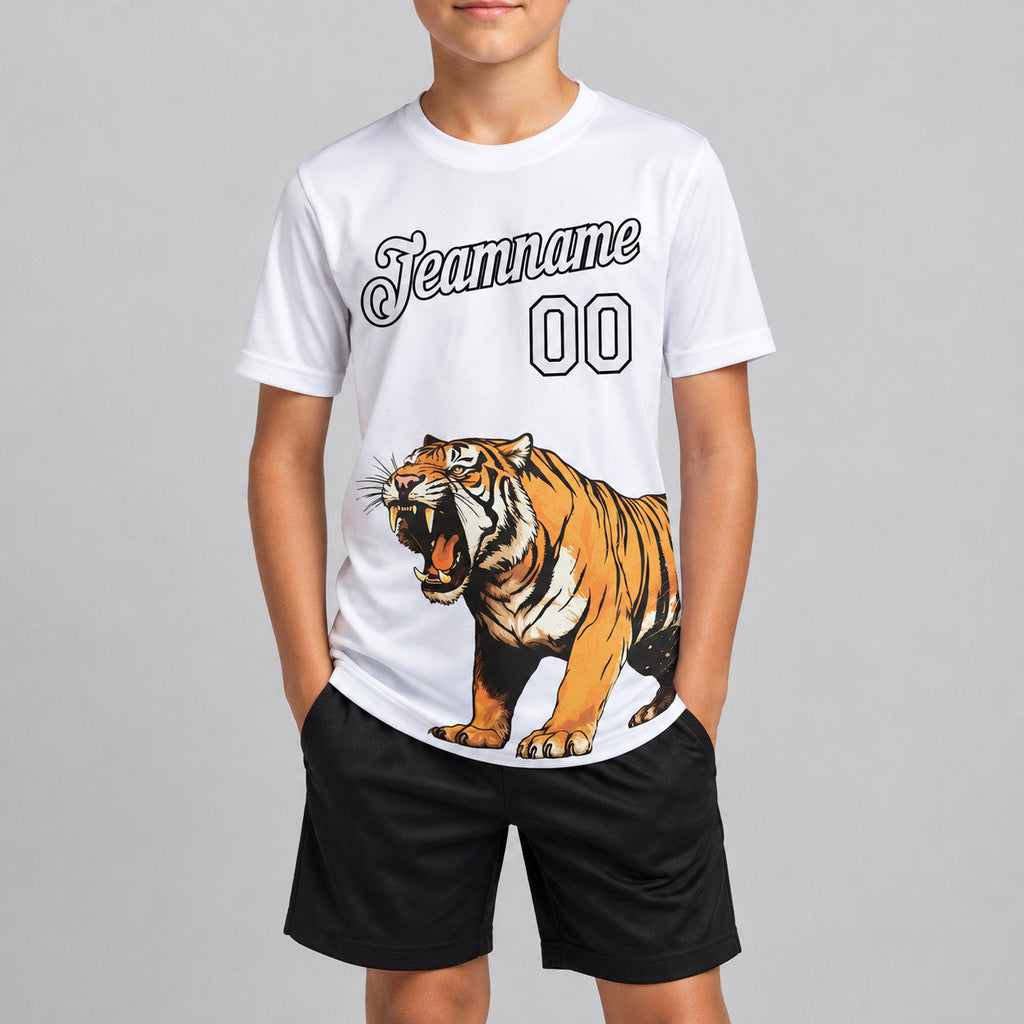 Custom White Tiger Performance T-Shirt with Black Lettering Design 3887 youth size worn by child model
