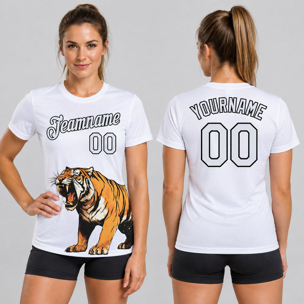 Custom White Tiger Performance T-Shirt with Black Lettering Design 3887 worn by female model
