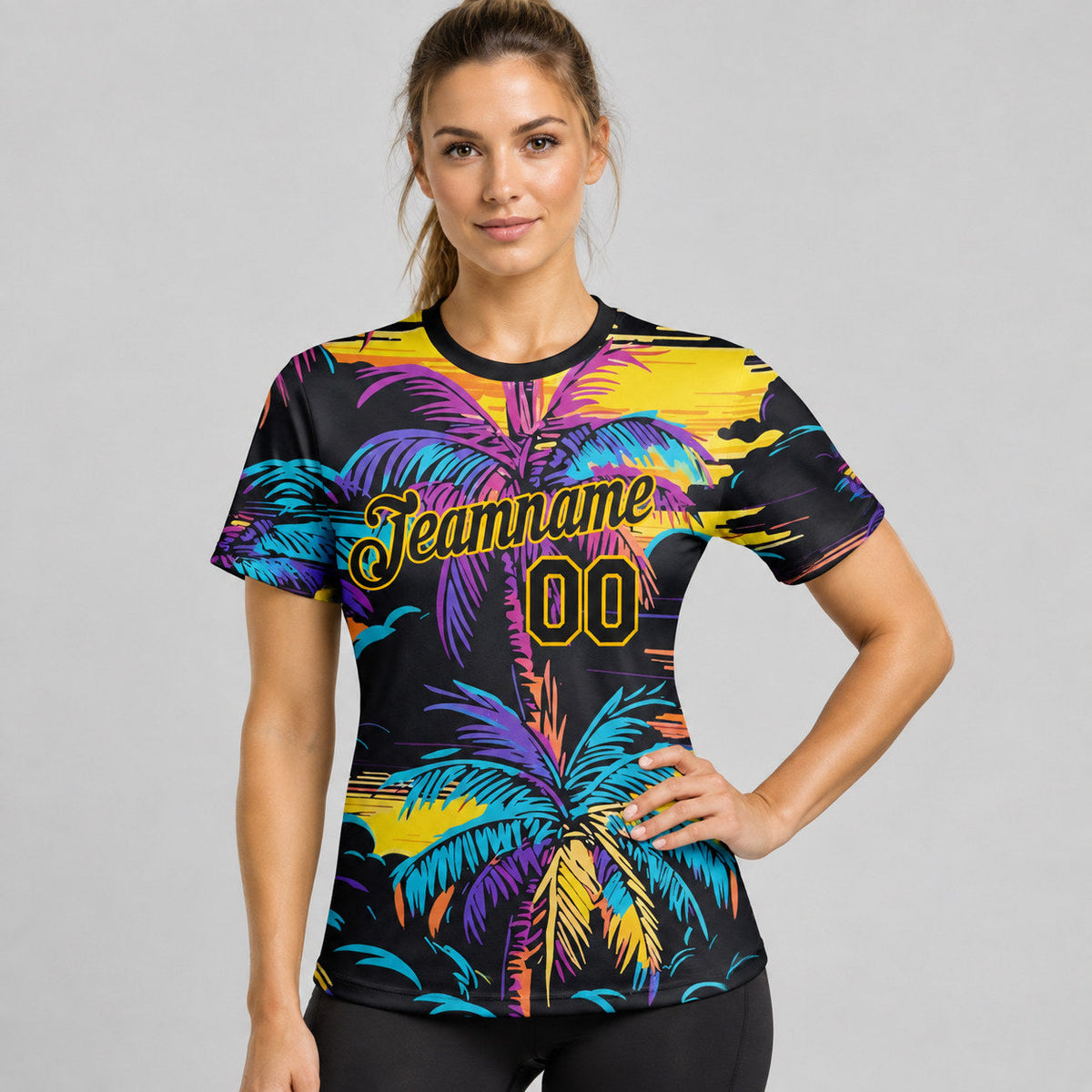 Custom Black Tropical Hawaii Palms Trees Performance T-Shirt with Yellow Lettering worn by female model