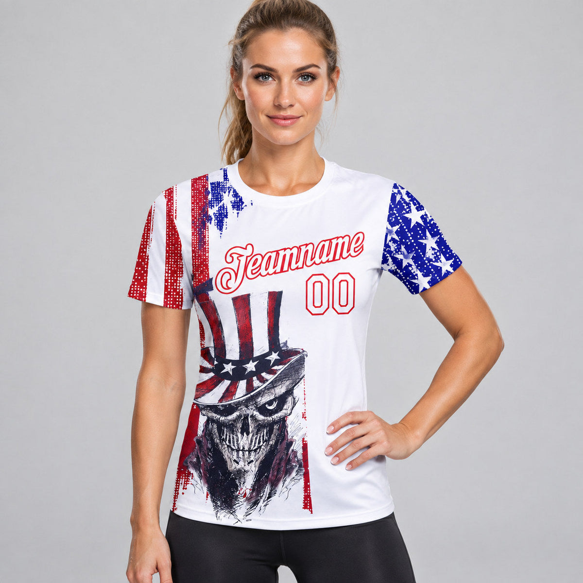 Custom White American Flag Skull Patriotic Performance T-Shirt with Red and Royal Lettering worn by female model