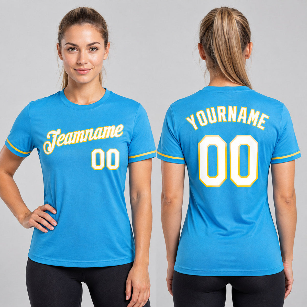 Custom Sky Blue Performance T-Shirt with White and Yellow Lettering worn by female model
