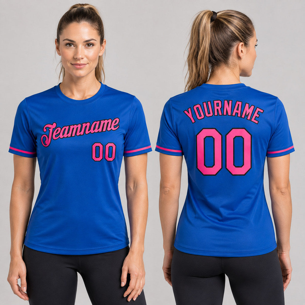 Custom Thunder Blue Performance T-Shirt with Pink and Black Lettering worn by female model