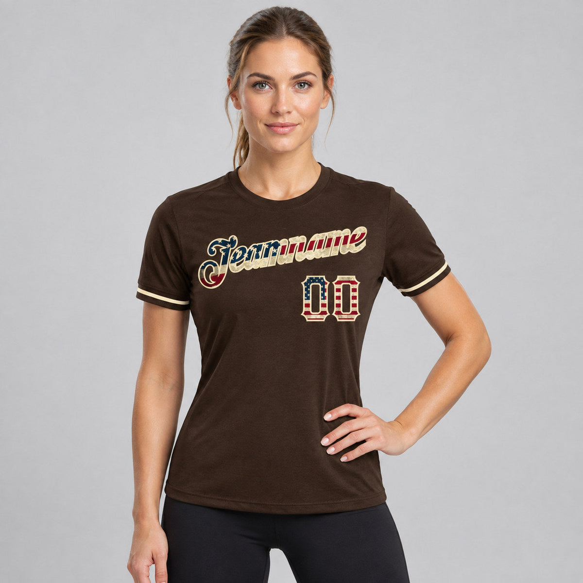 Custom Brown Vintage USA Flag Performance T-Shirt with City Cream Lettering worn by female model
