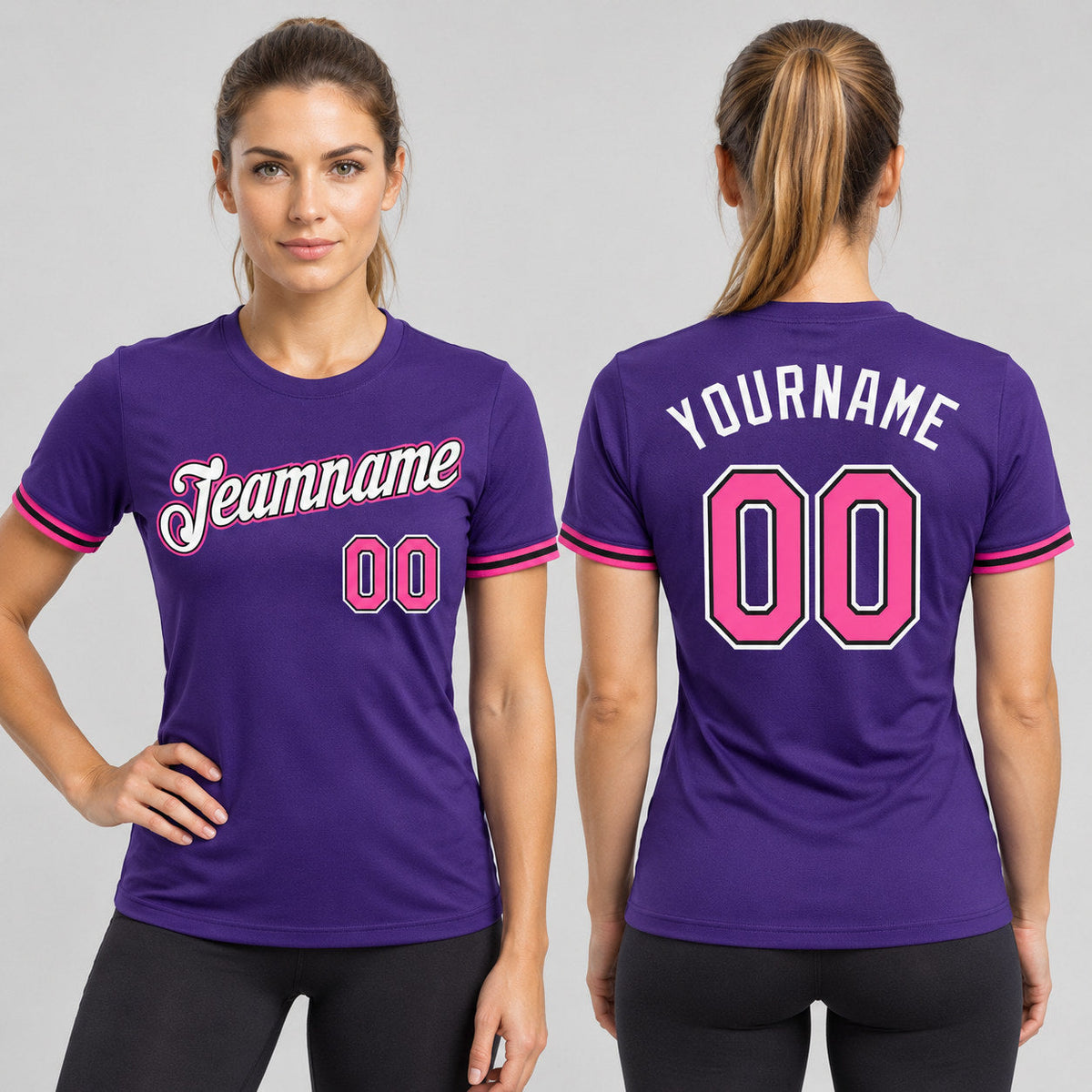 Custom Purple Performance T-Shirt with Pink and Black Lettering worn by female model