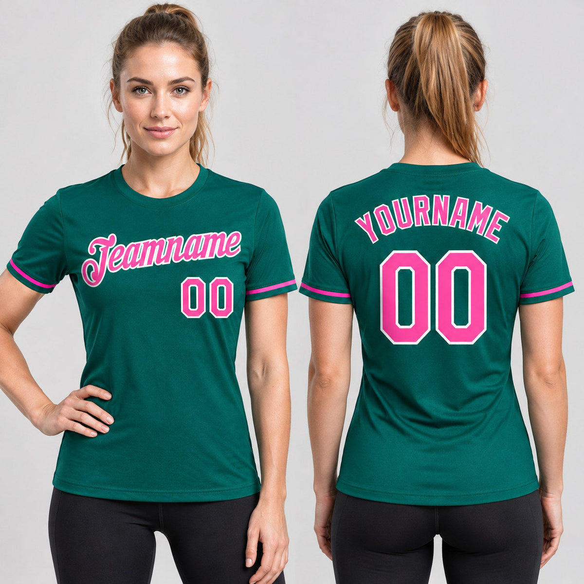 Custom Teal Performance T-Shirt with Pink and White Lettering worn by female model