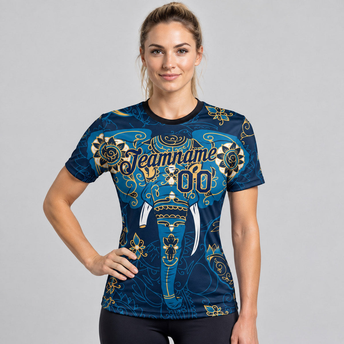Custom Navy Elephant Performance T-Shirt with Old Gold Lettering worn by female model