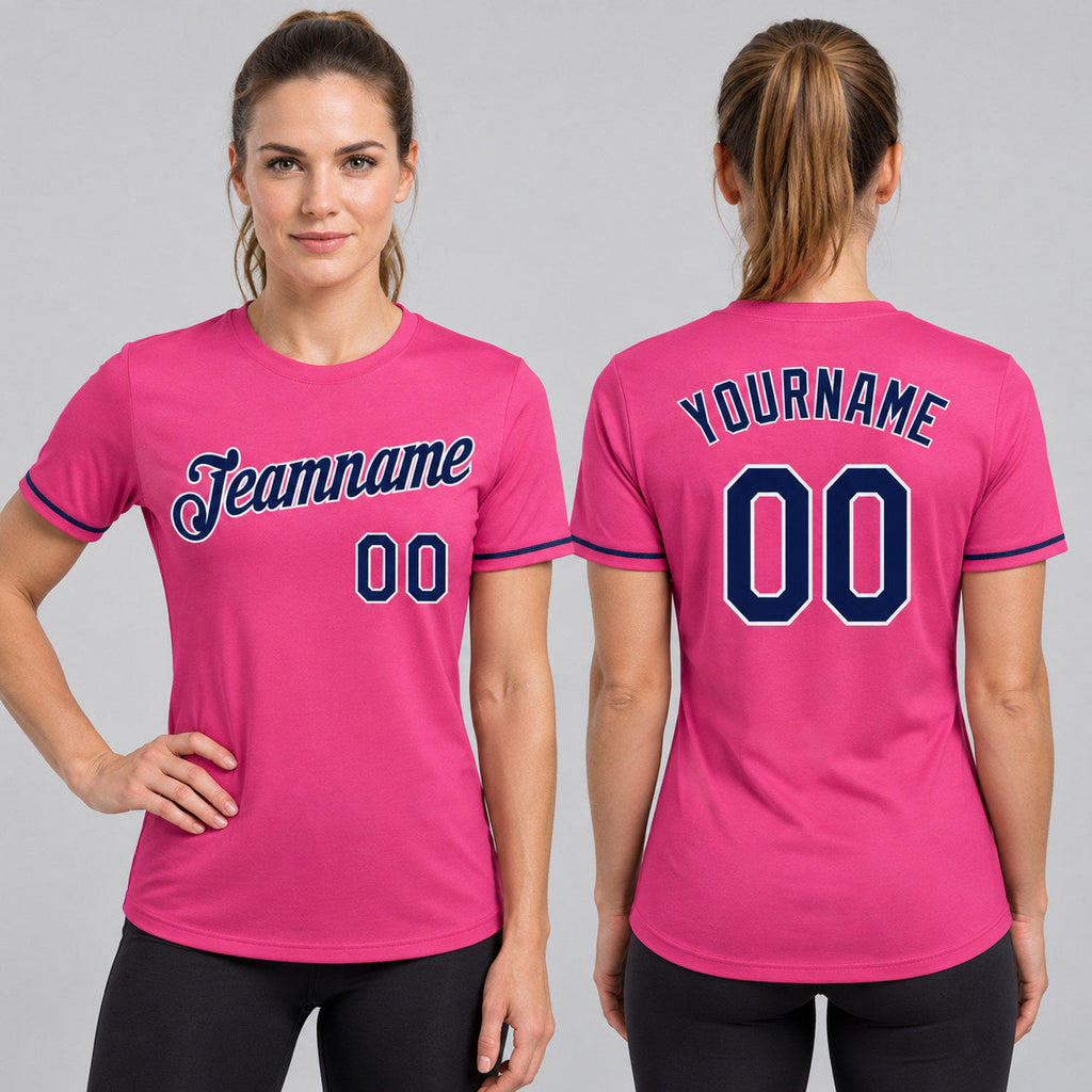 Custom Pink Performance T-Shirt with Navy and White Lettering worn by female model