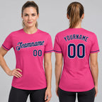 Custom Pink Performance T-Shirt with Navy and White Lettering worn by female model