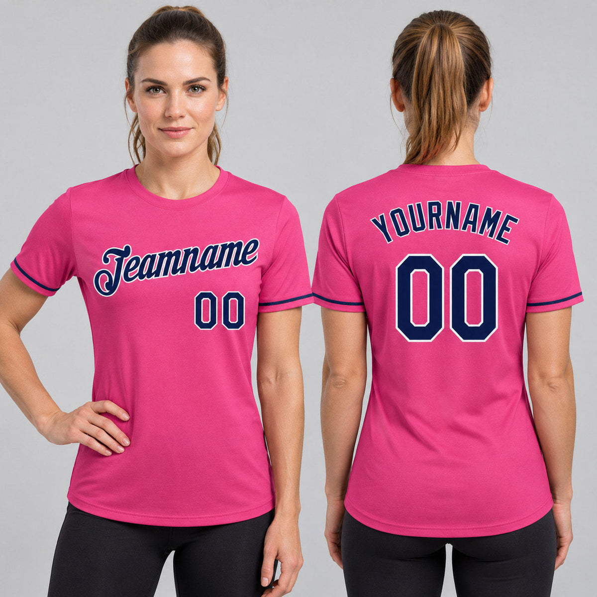 Custom Pink Performance T-Shirt with Navy and White Lettering worn by female model