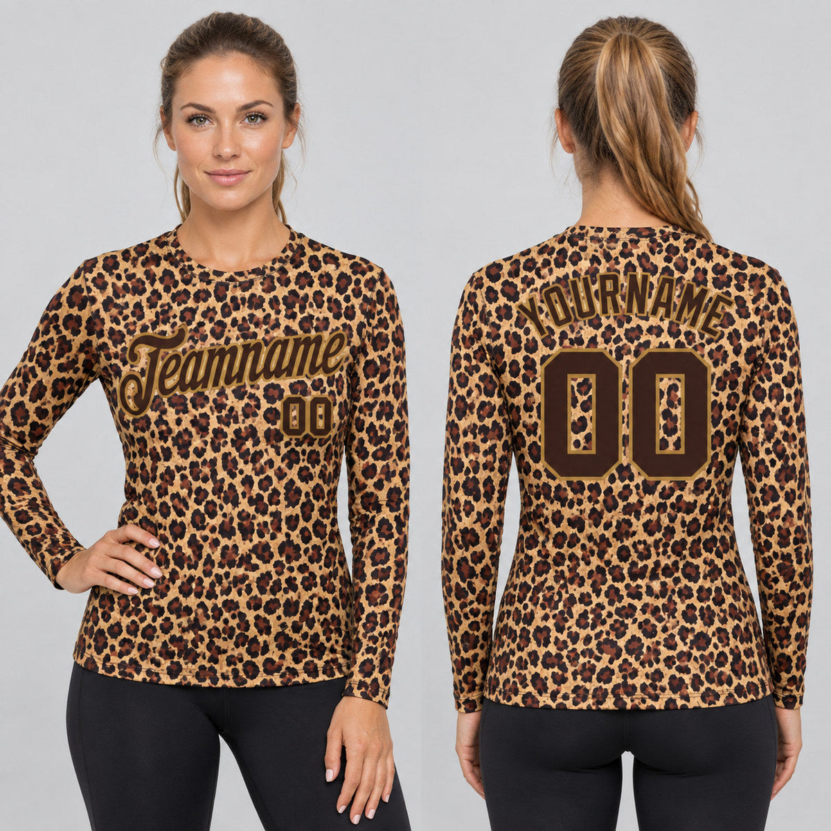 Custom Brown Leopard Long Sleeve Performance T-Shirt with Brown and Old Gold Lettering worn by female model