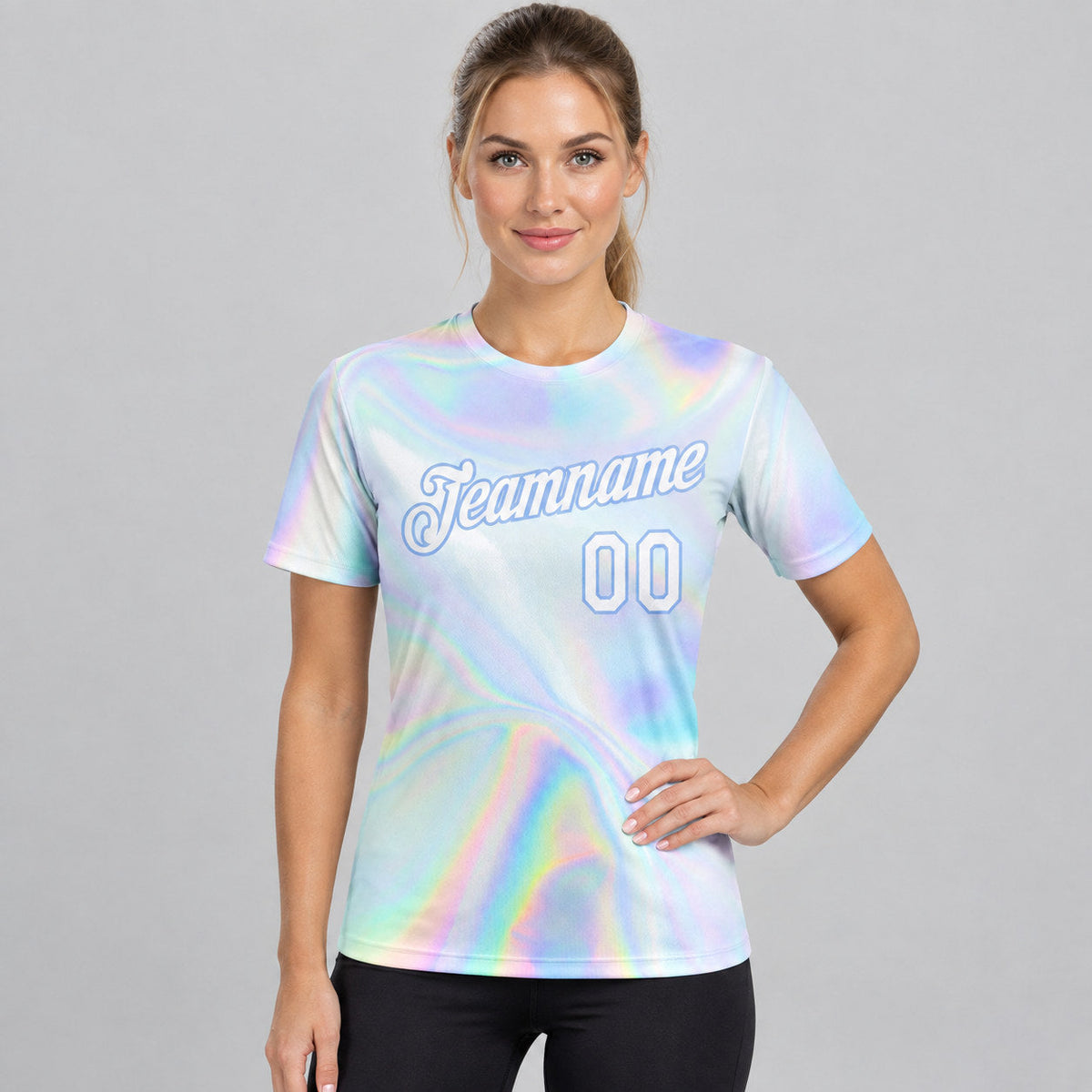 Custom Abstract Trendy Holographic Vaporwave Performance T-Shirt Design 0916 worn by female model