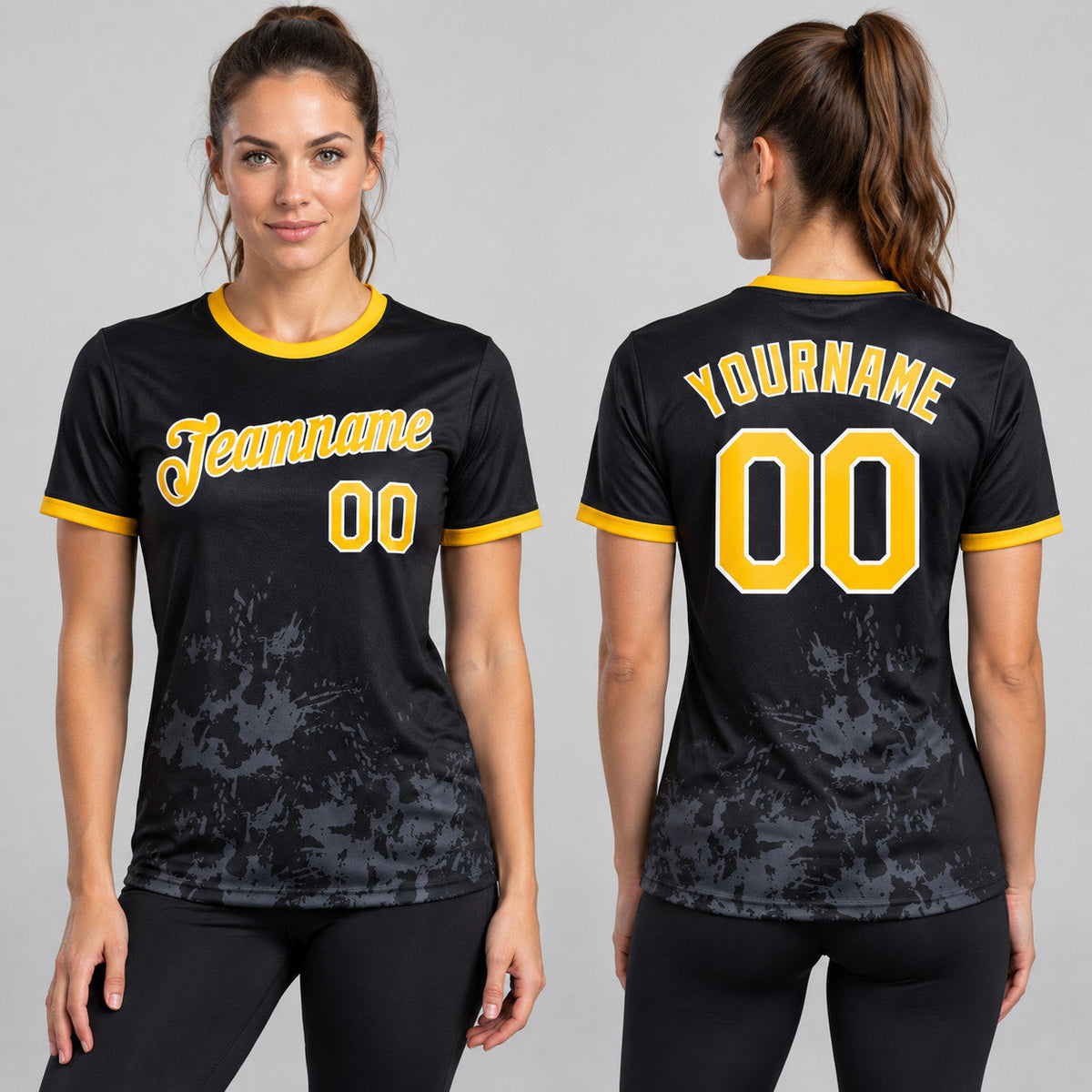 Custom Black and Yellow Brush Stroke Performance T-Shirt with Steel Gray and White Lettering worn by female model