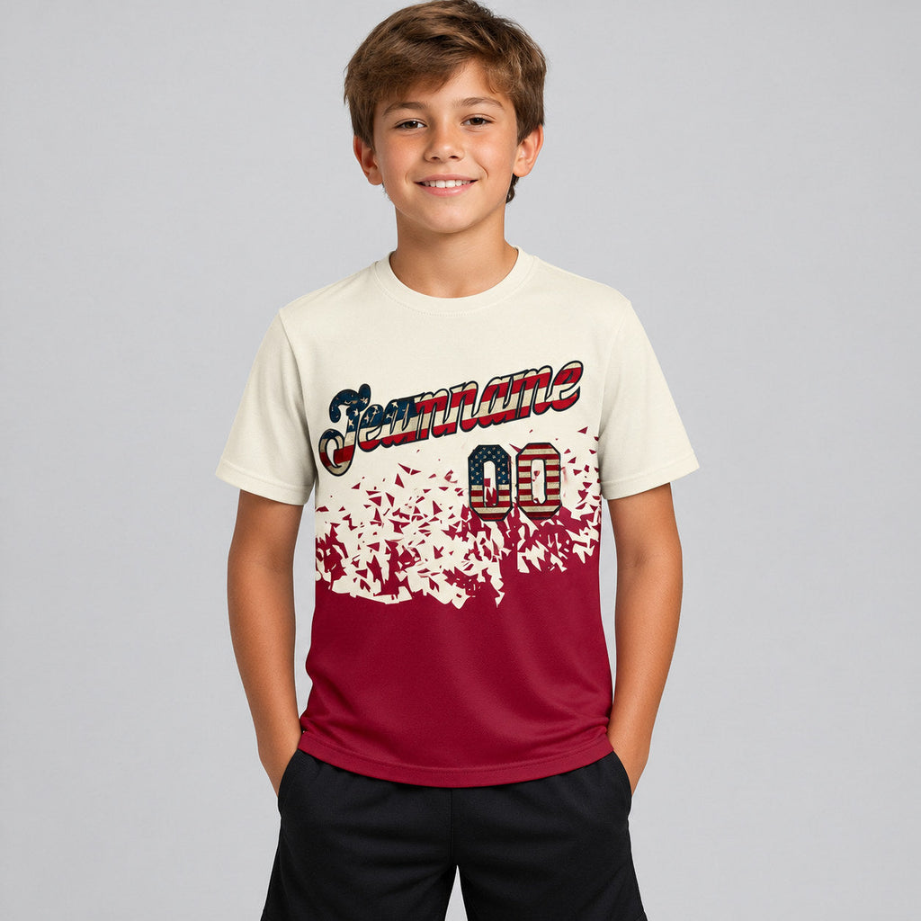 Custom Cream Vintage USA Flag Fade Geometric Performance T-Shirt with Crimson and Black Lettering youth size worn by child model