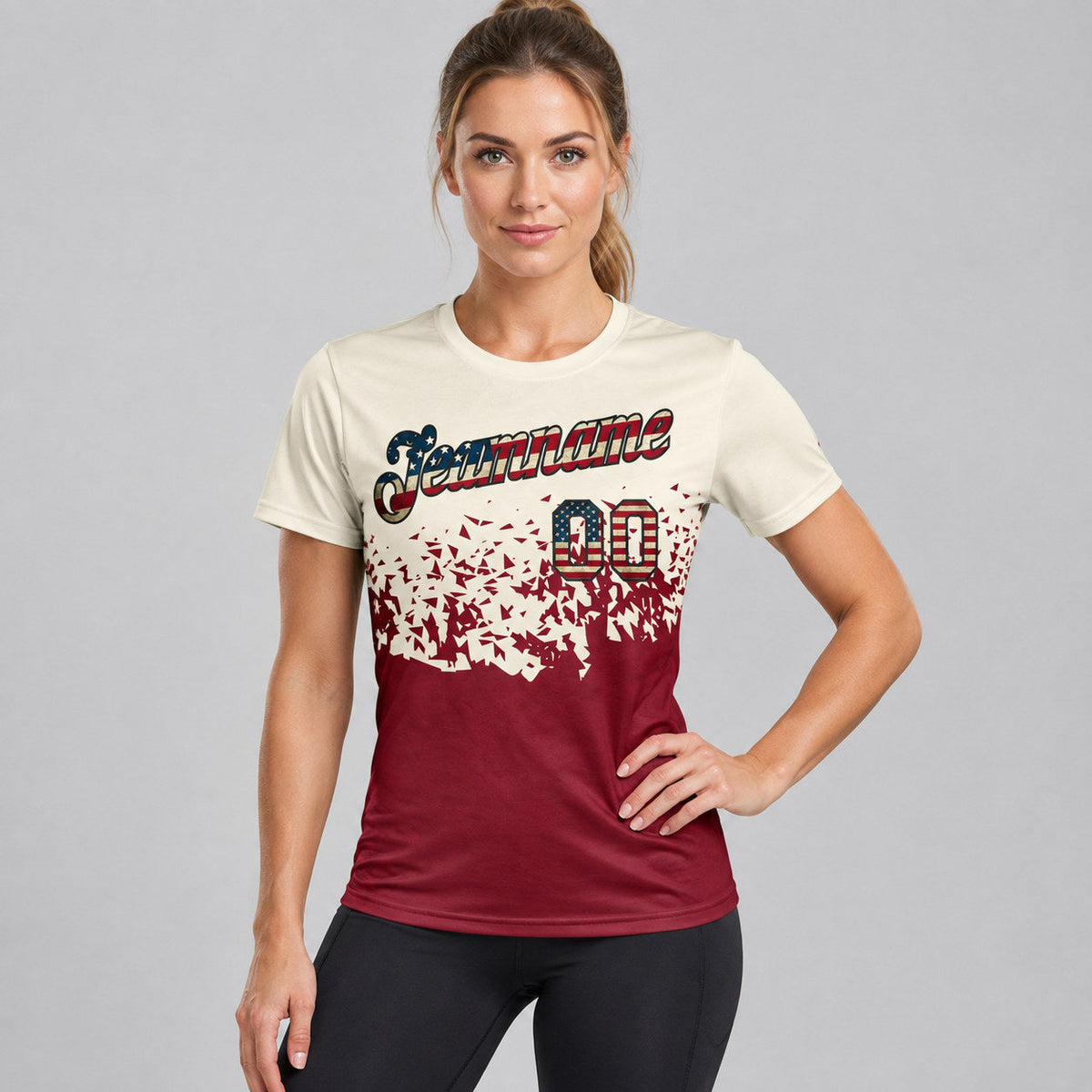Custom Cream Vintage USA Flag Fade Geometric Performance T-Shirt with Crimson and Black Lettering worn by female model