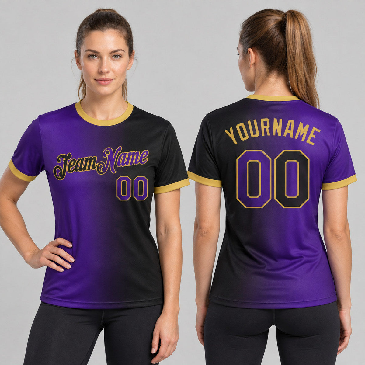 Custom Black Gradient Performance T-Shirt with Purple and Old Gold Lettering worn by female model