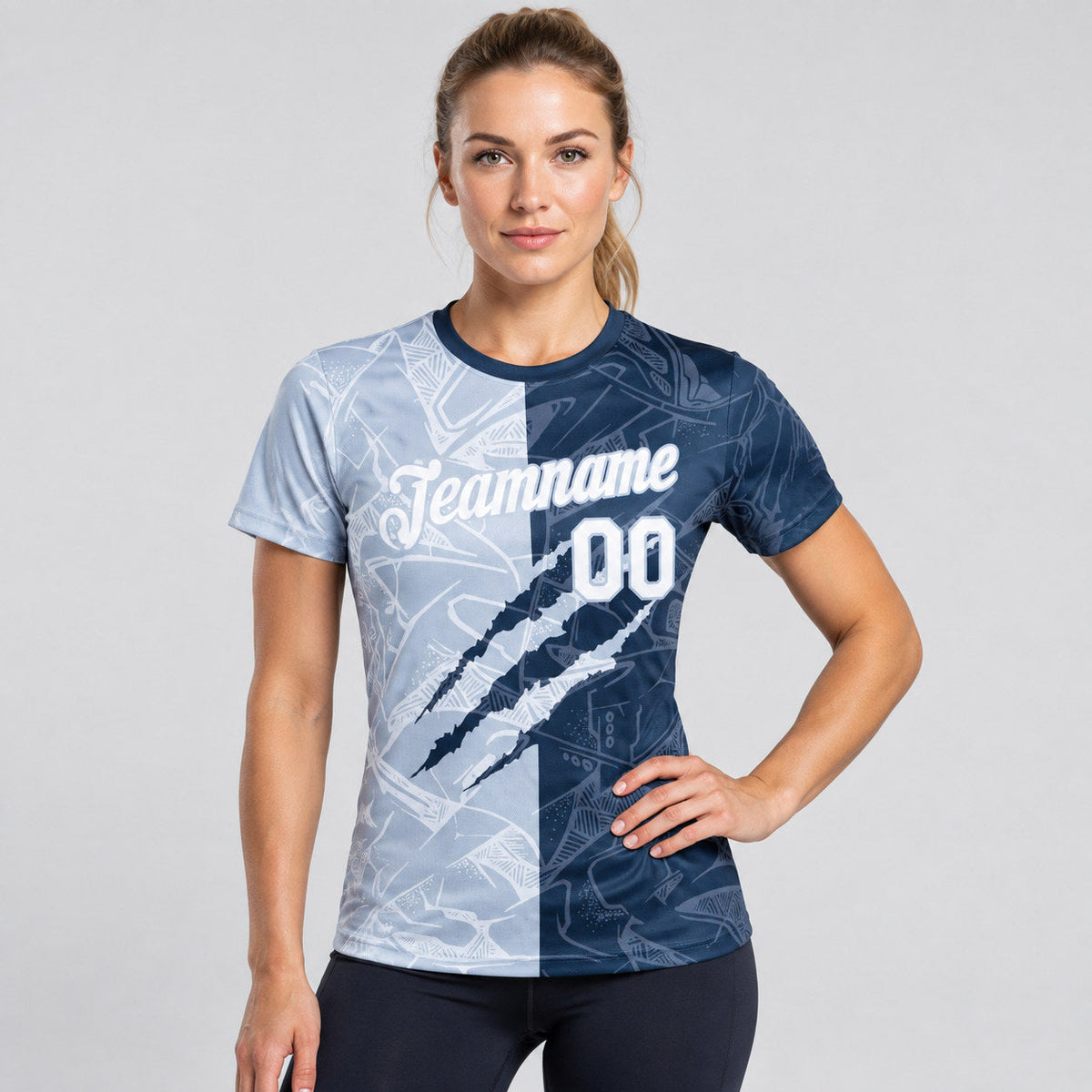 Custom White Graffiti Scratch Performance T-Shirt with Navy and Silver Lettering worn by female model