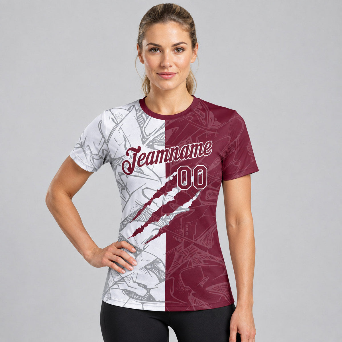 Custom Burgundy and White Graffiti Scratch Performance T-Shirt worn by female model