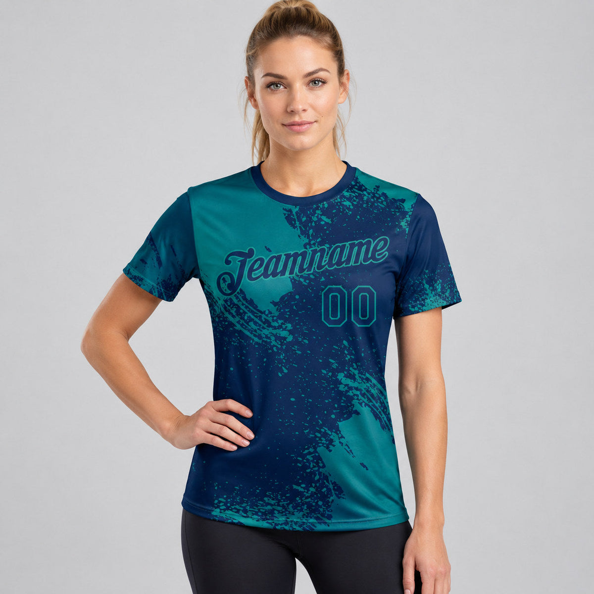 Custom Navy Abstract Brush Stroke Performance T-Shirt with Teal Lettering worn by female model