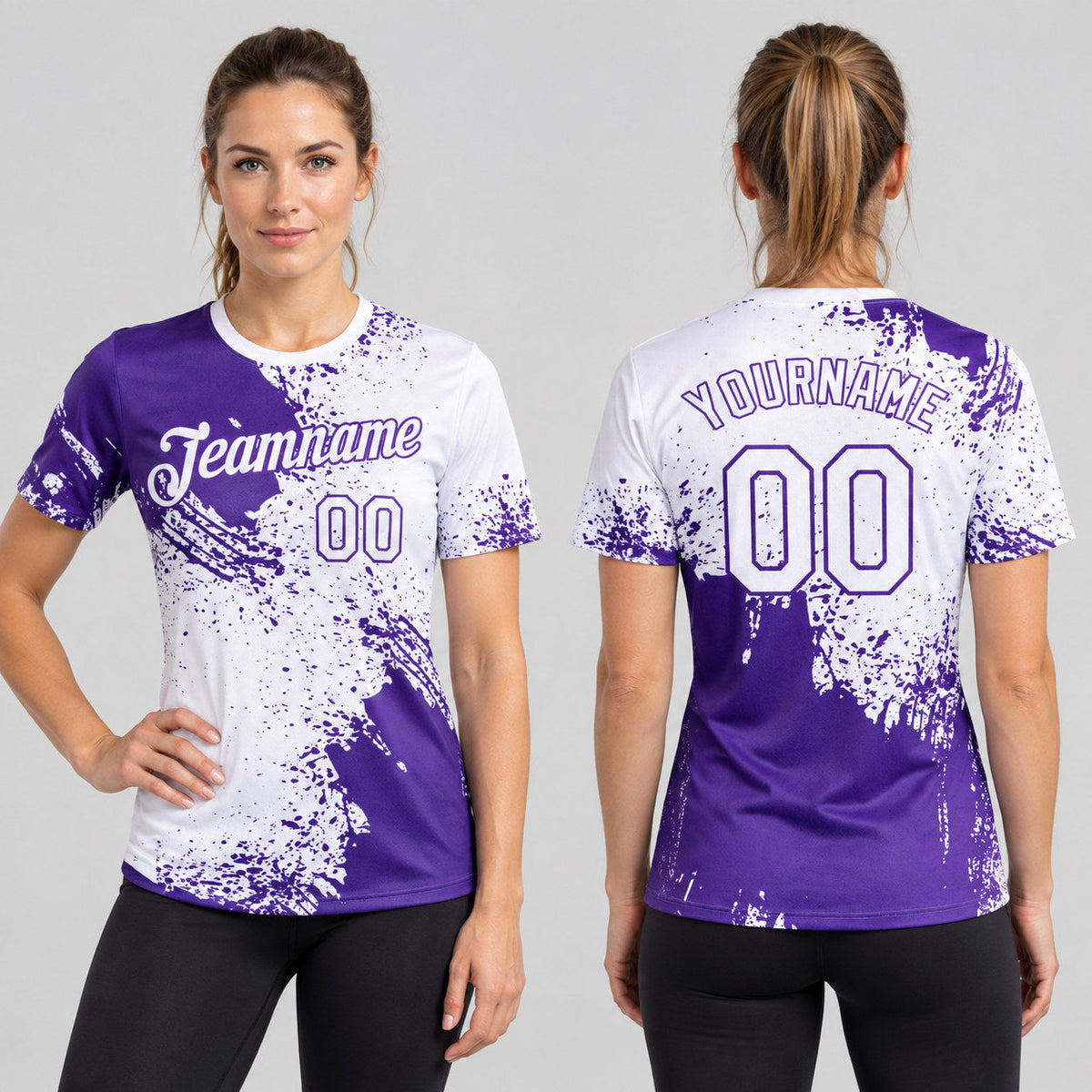 Custom White Abstract Brush Stroke Performance T-Shirt with Purple Lettering worn by female model