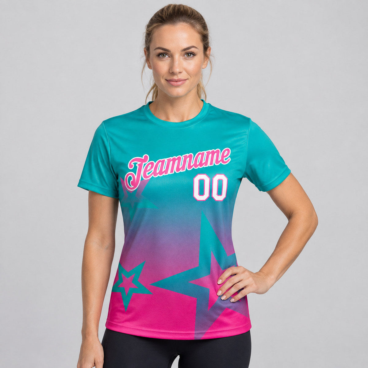 Custom Aqua Gradient Twinkle Star Performance T-Shirt with Pink and White Lettering worn by female model