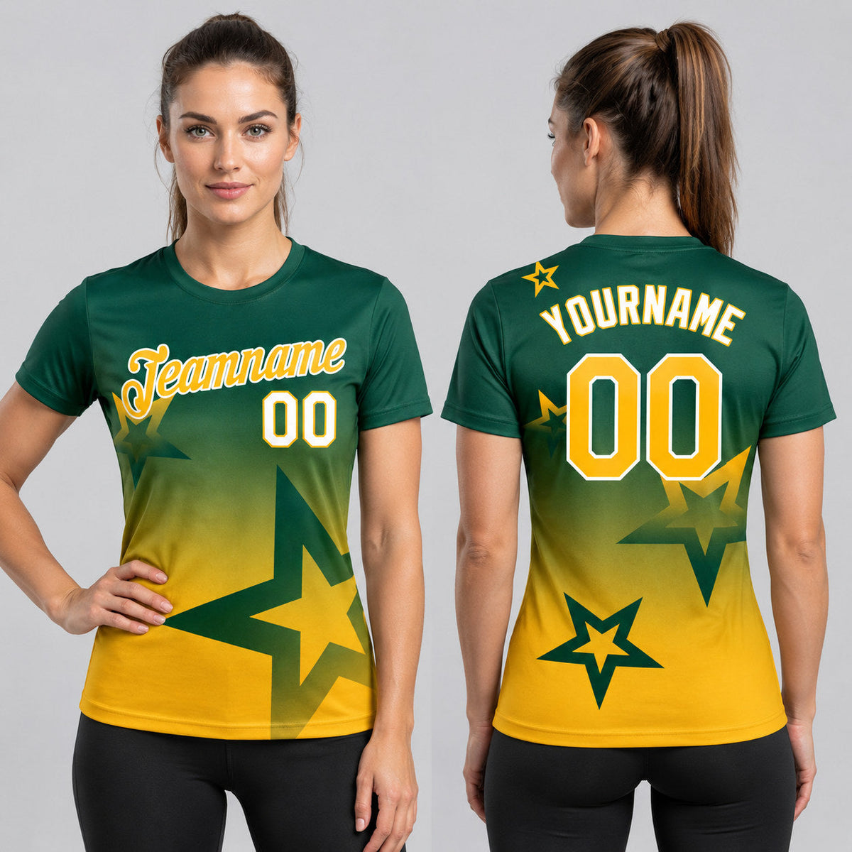 Custom Green Gradient Twinkle Star Performance T-Shirt with Gold and White Lettering worn by female model