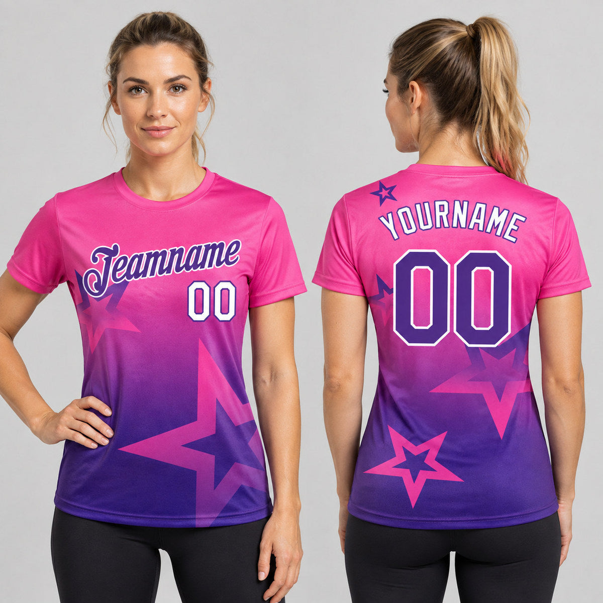 Custom Pink Gradient Twinkle Star Performance T-Shirt with Purple and White Lettering worn by female model