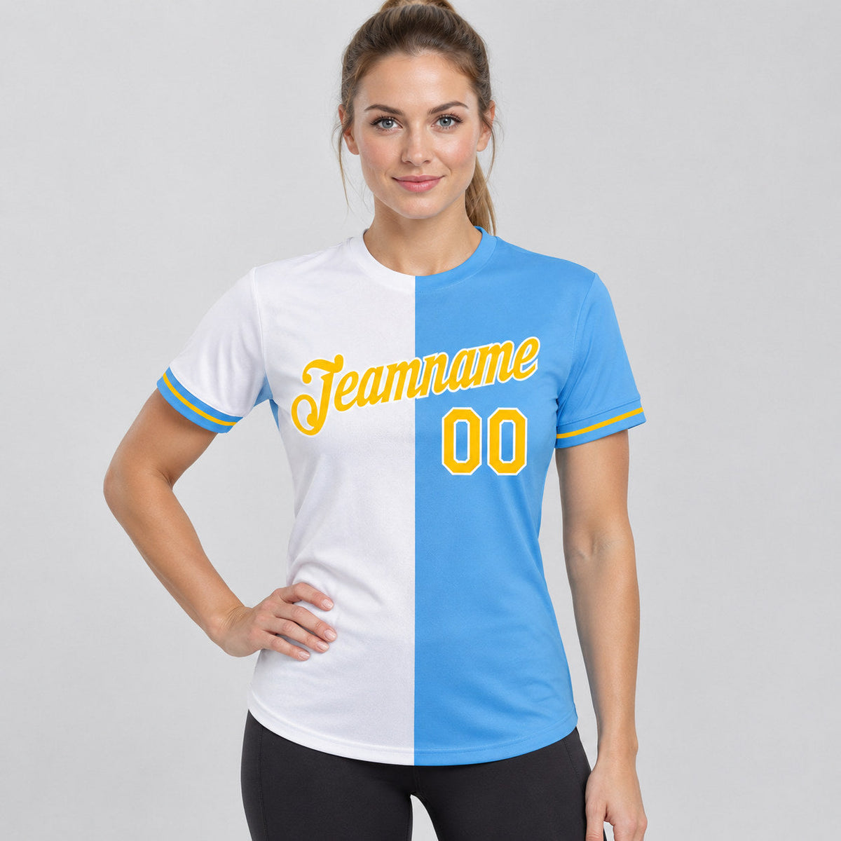 Custom Powder Blue Split Performance T-Shirt with Yellow and White Lettering worn by female model