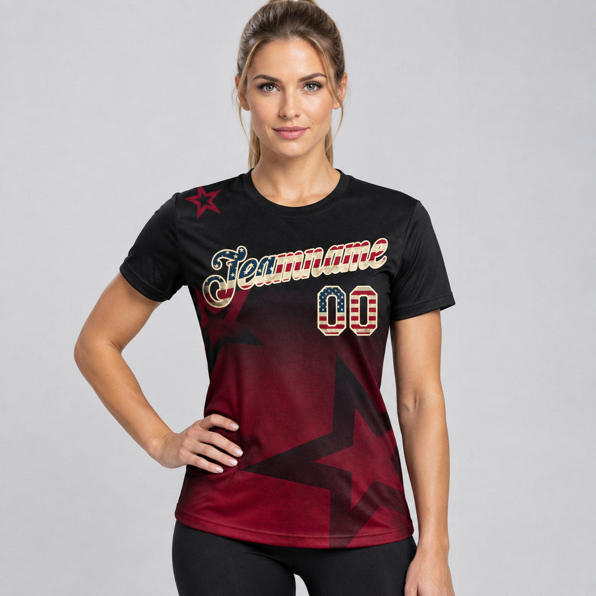 Custom Black Vintage USA Flag Gradient Twinkle Performance T-Shirt with Crimson and Cream Lettering worn by female model