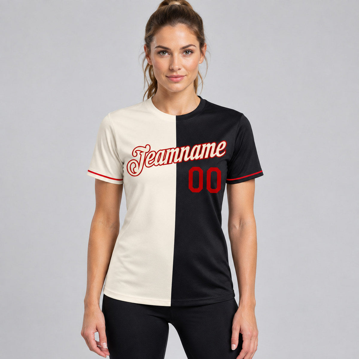 Custom Cream Split Performance T-Shirt with Black and Red Lettering worn by female model