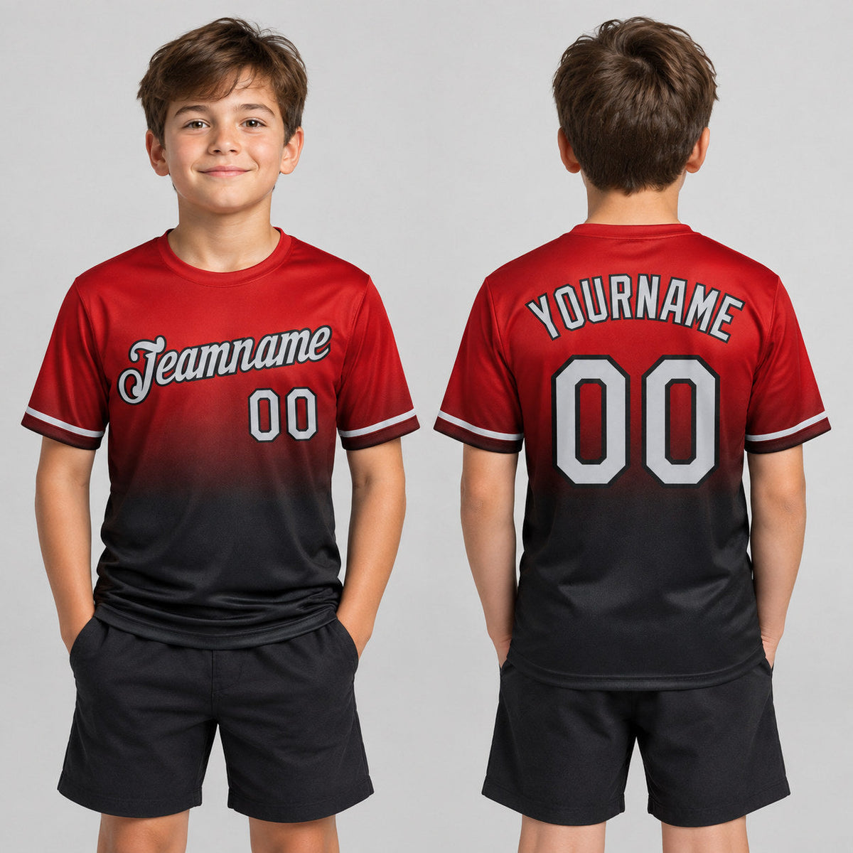 Custom Red Fade Performance T-Shirt with Gray and Black Lettering youth size worn by child model