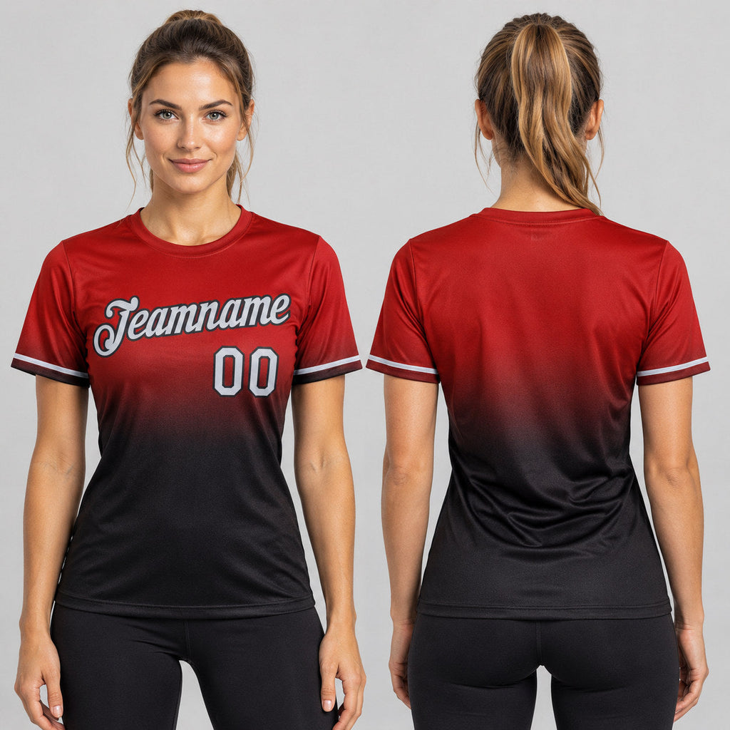 Custom Red Fade Performance T-Shirt with Gray and Black Lettering worn by female model